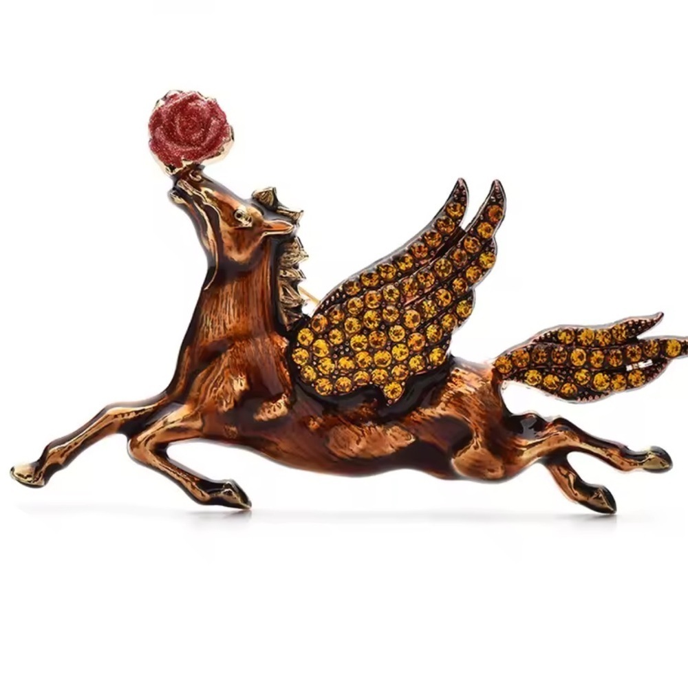 Angel Horse Pegasus Brown Brooch with Rose Accent